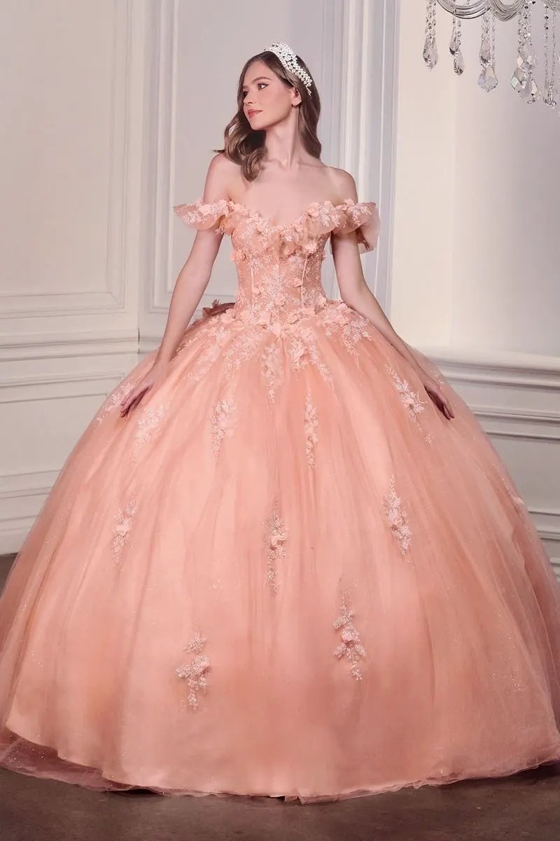 Blush Pink Off-Shoulder Floral Quinceañera Ball Gown with Oversized Bow by Tux-USA