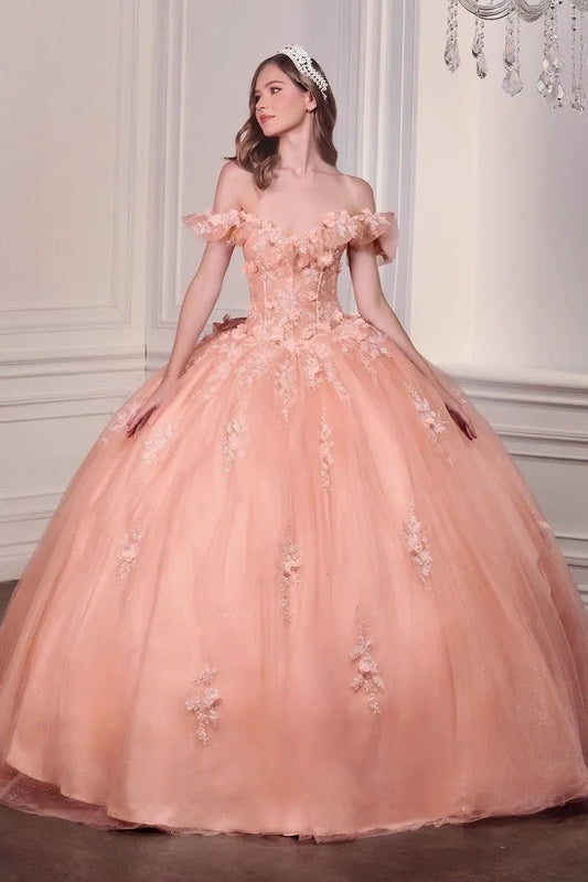 Blush Pink Off-Shoulder Floral Quinceañera Ball Gown with Oversized Bow by Tux-USA
