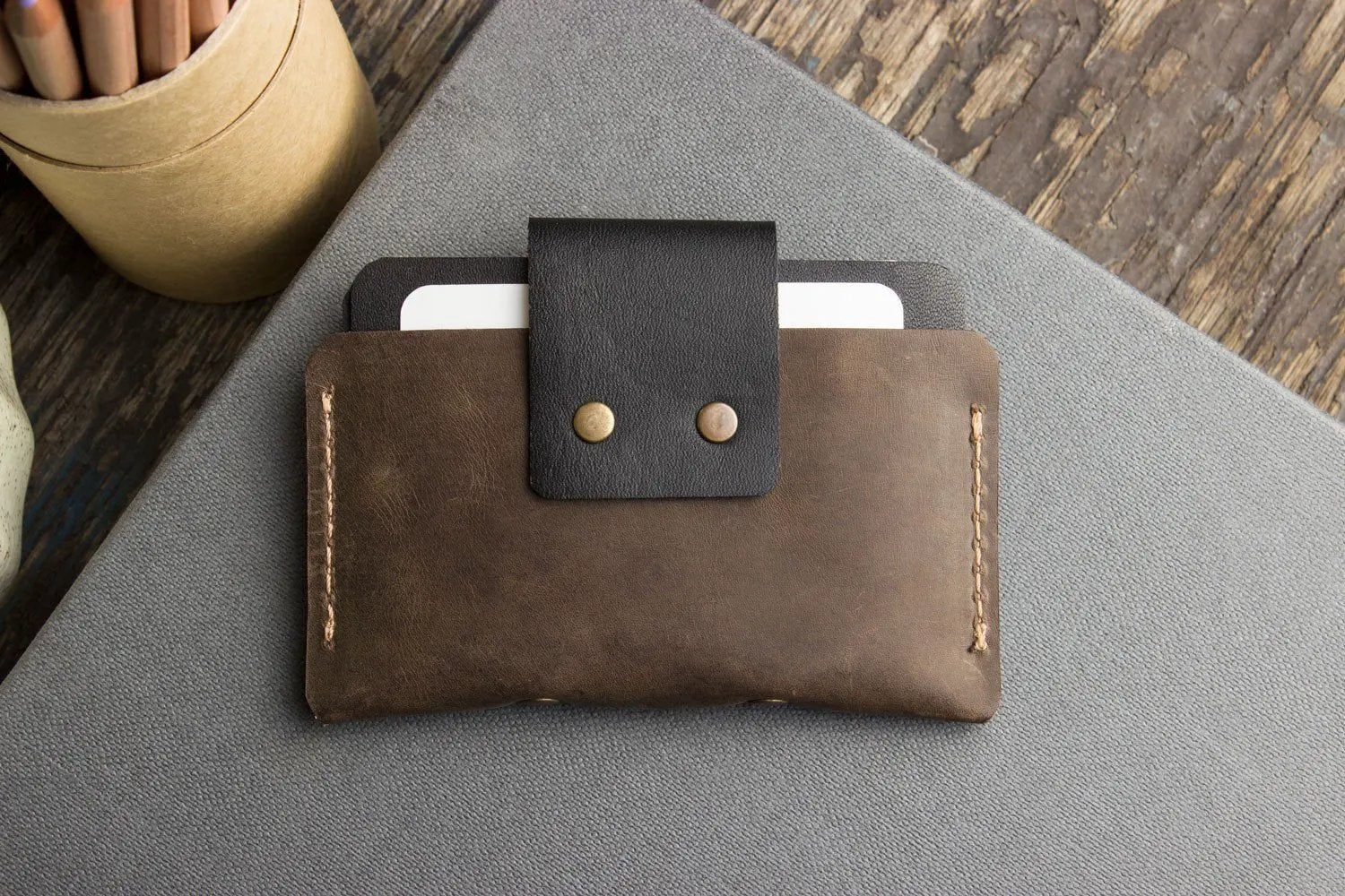 Two-Tone Cowhide Leather Card Holder Wallet Slim Button Closure by Inland Leather