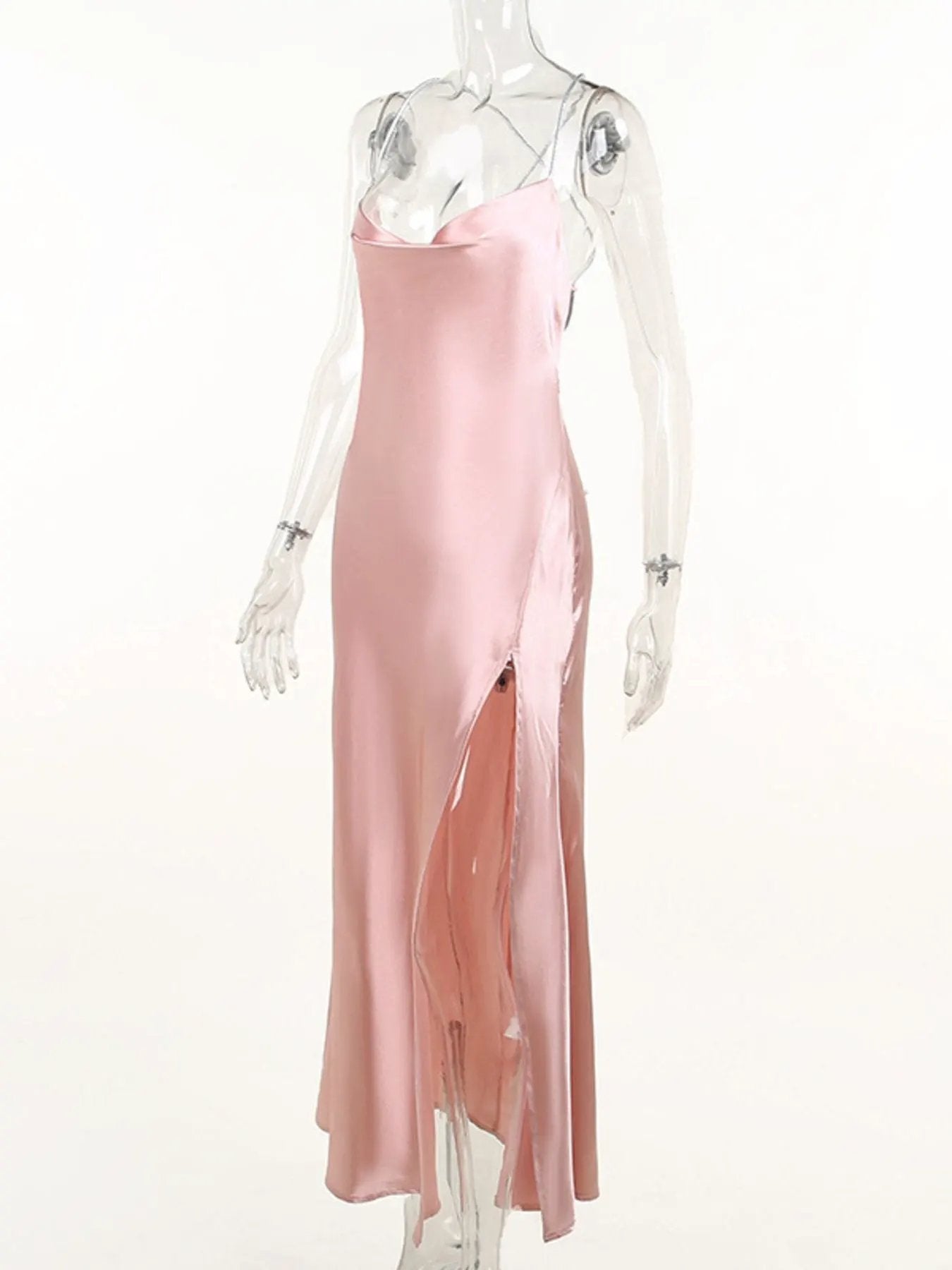 Slinky Satin Cowl Neck High Slit Dress with Back Lace Up by Partner Label