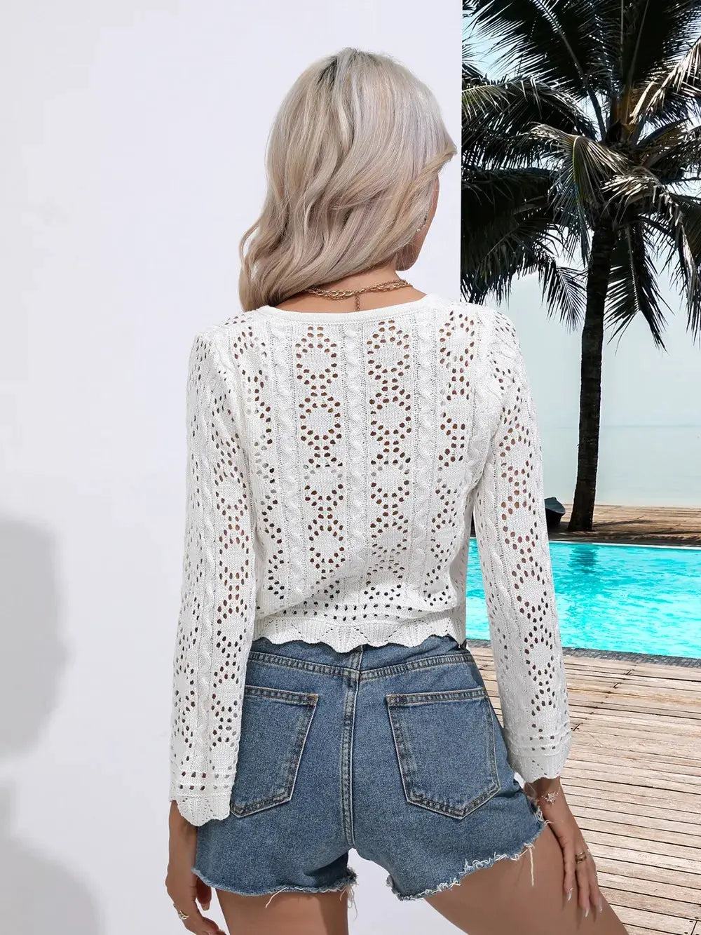 Openwork Drawstring V-Neck Long Sleeve Cover-Up by Partner Labels