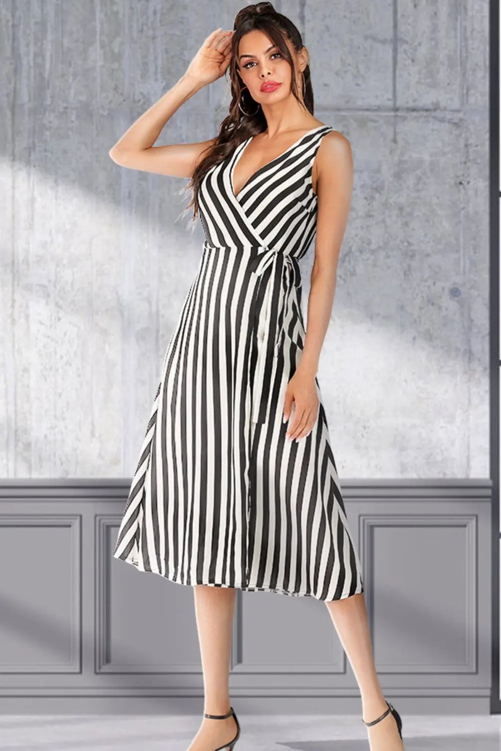 Striped Surplice Tied Sleeveless Dress by Partner Label