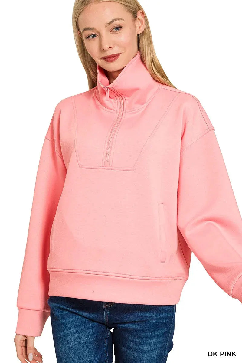 Zenana Scuba Half Zip Sweatshirt with Pockets by Zenana