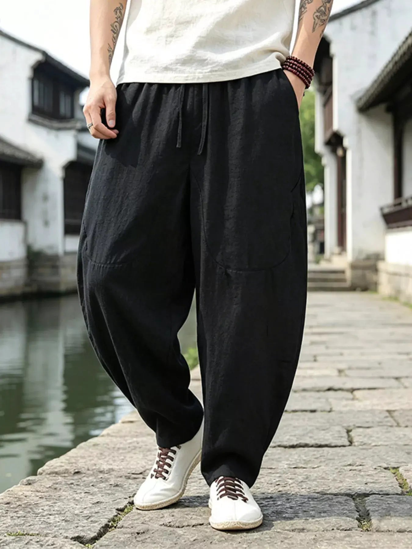Men's Plus Size Loose Fit Pants with Drawstring Waist by Trendsi