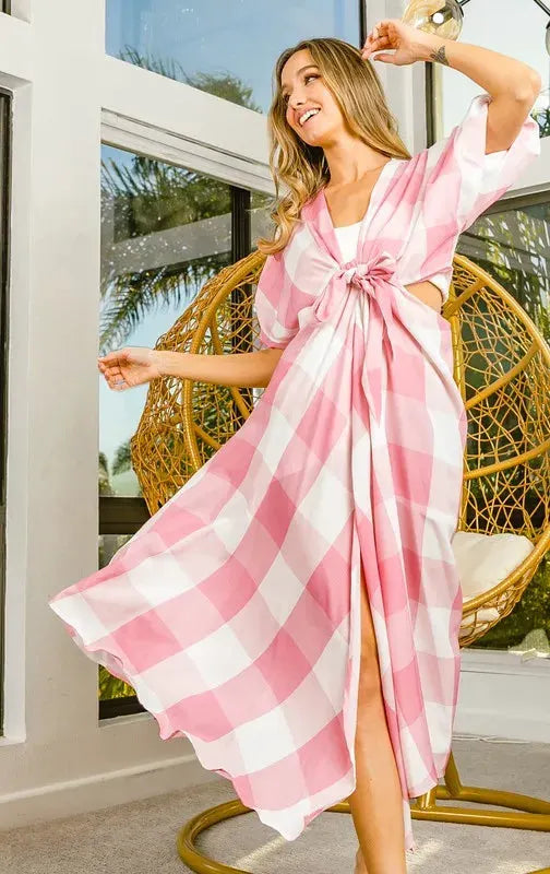 BiBi Front Tied Puff Sleeve Checkered Dress with Cut Out Detail by BiBi