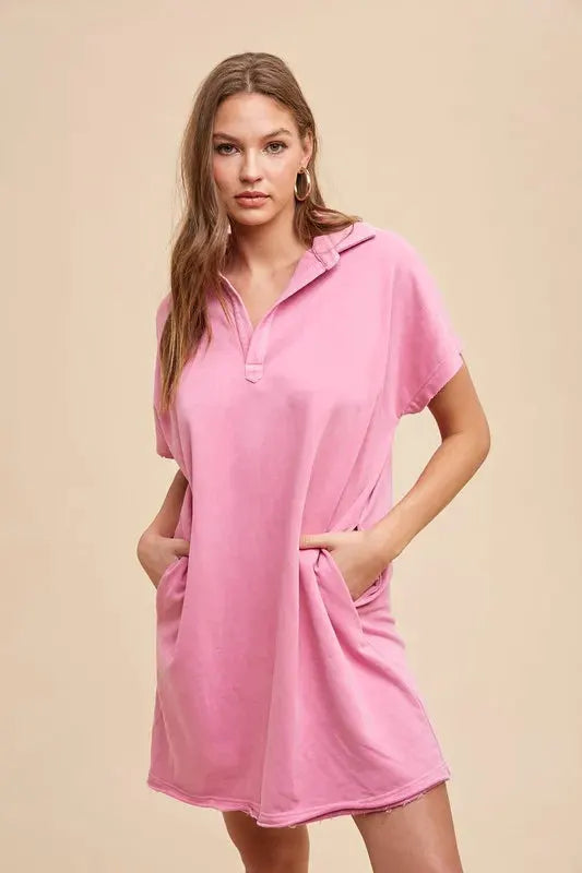 Annie Wear Mineral Washed Johnny Collar Short Sleeve Dress by Annie Wear