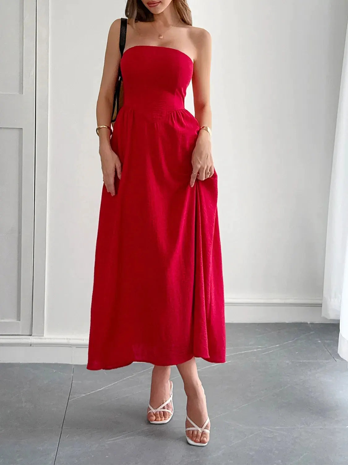 Strapless A-Line Midi Dress with Pockets by Partner Label