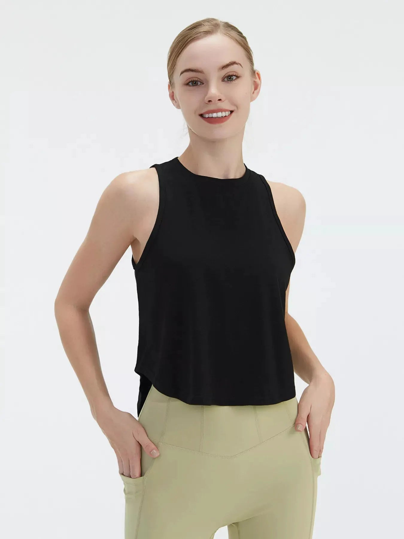 Cutout Back Round Neck Active Tank by Trendsi