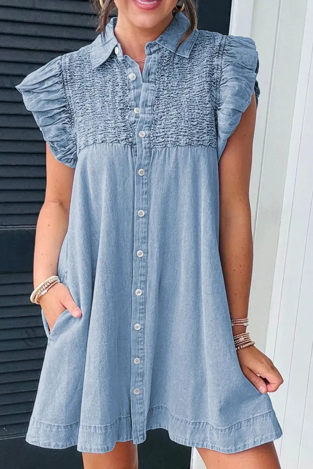 Smocked Collared Neck Cap Sleeve Denim Dress by Partner Label