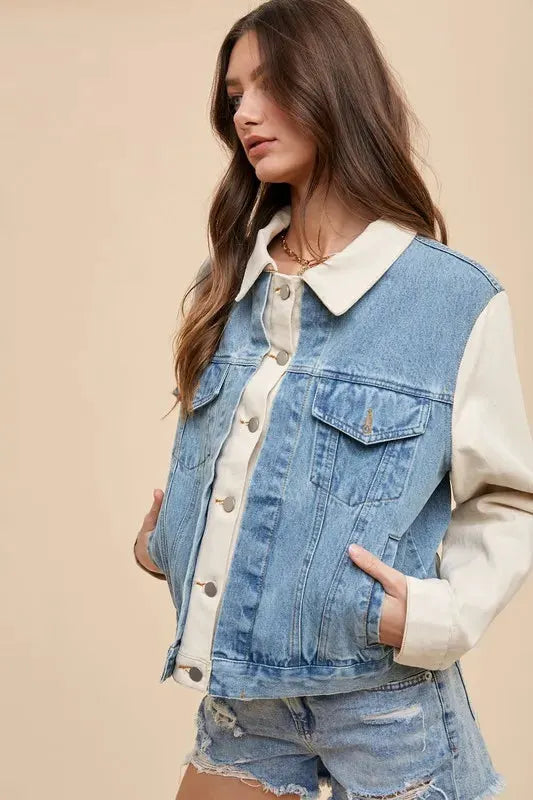 Annie Wear Collared Neck Double Placket Denim Jacket by Annie Wear