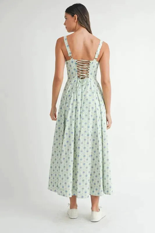 MABLE Floral Print Bustier Back Lace Up Midi Dress by MABLE