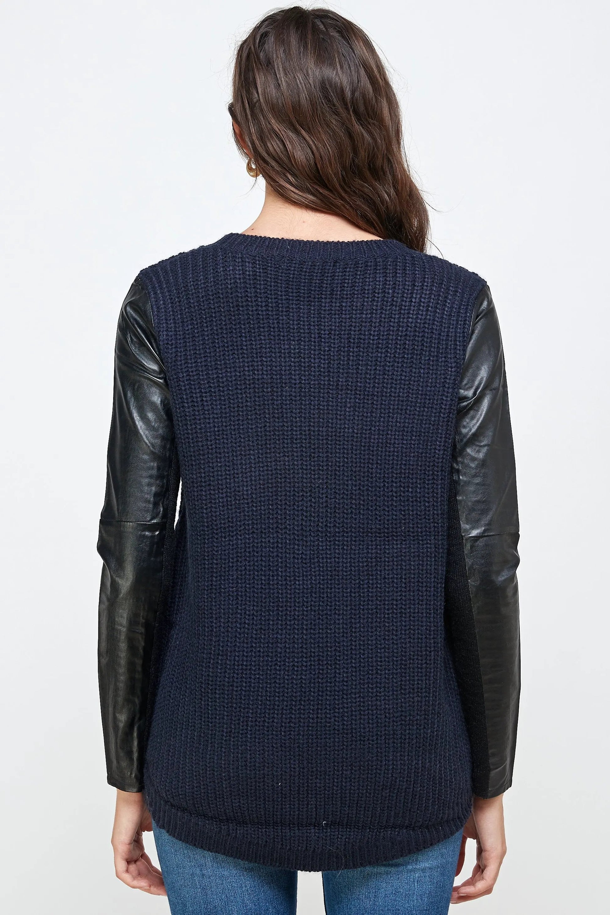 Chunky Knit Sweater with Faux Leather Sleeves 🖤✨ High-Low Top by Inland Leather