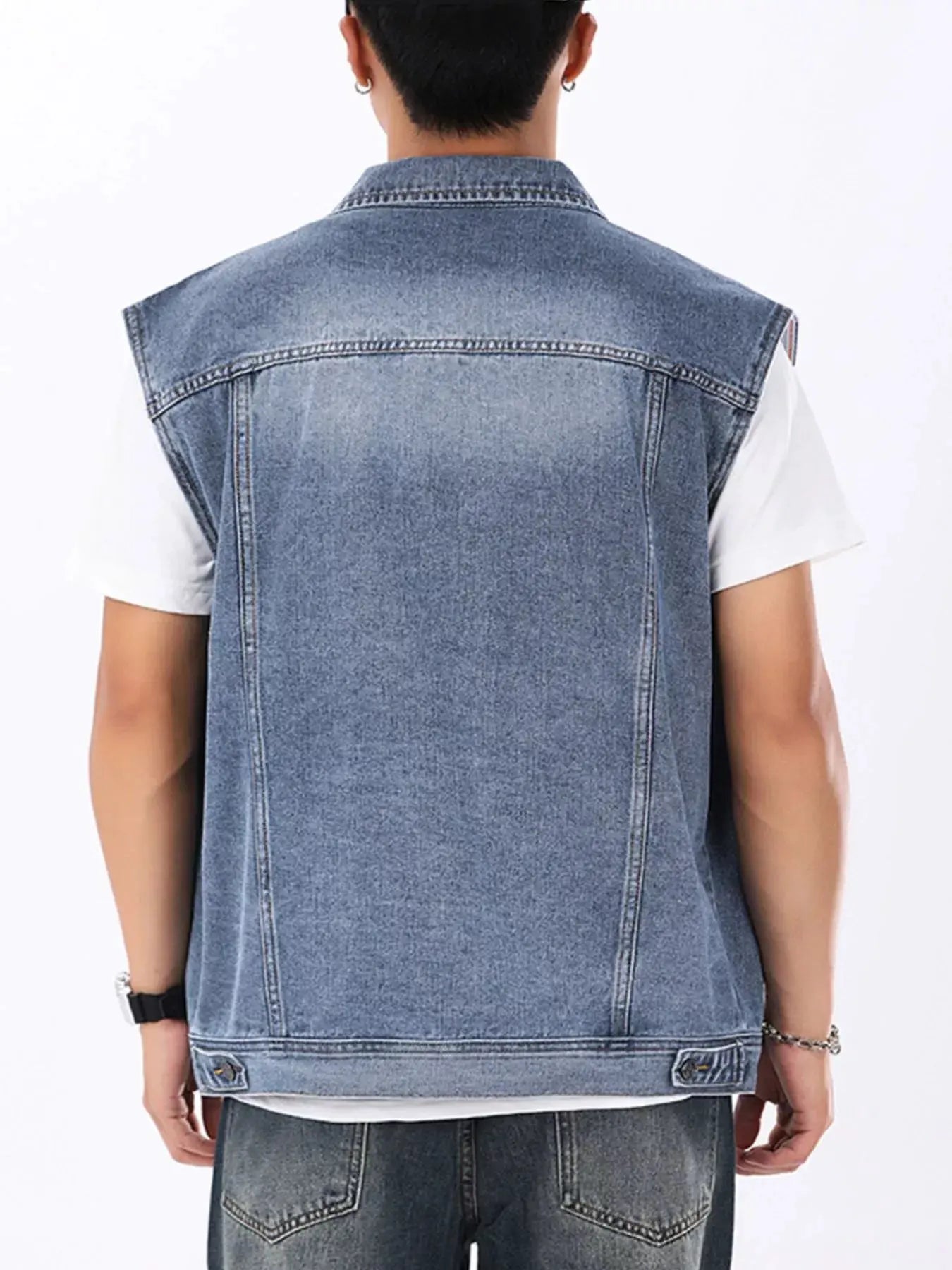 Men's Plus Size Vintage Washed Sleeveless Denim Vest by Trendsi