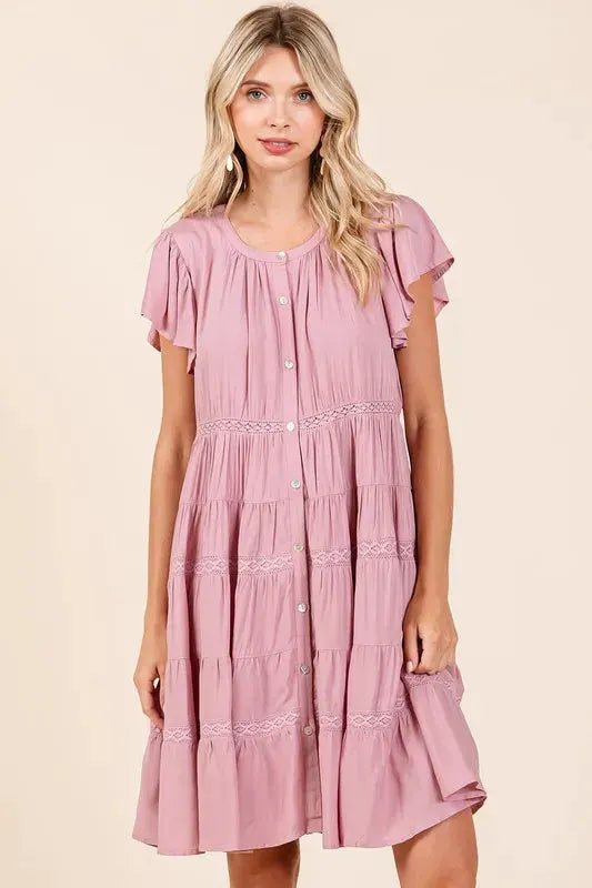 Mittoshop Lace Detail Ruffled Button Down Tiered Dress by Mittoshop