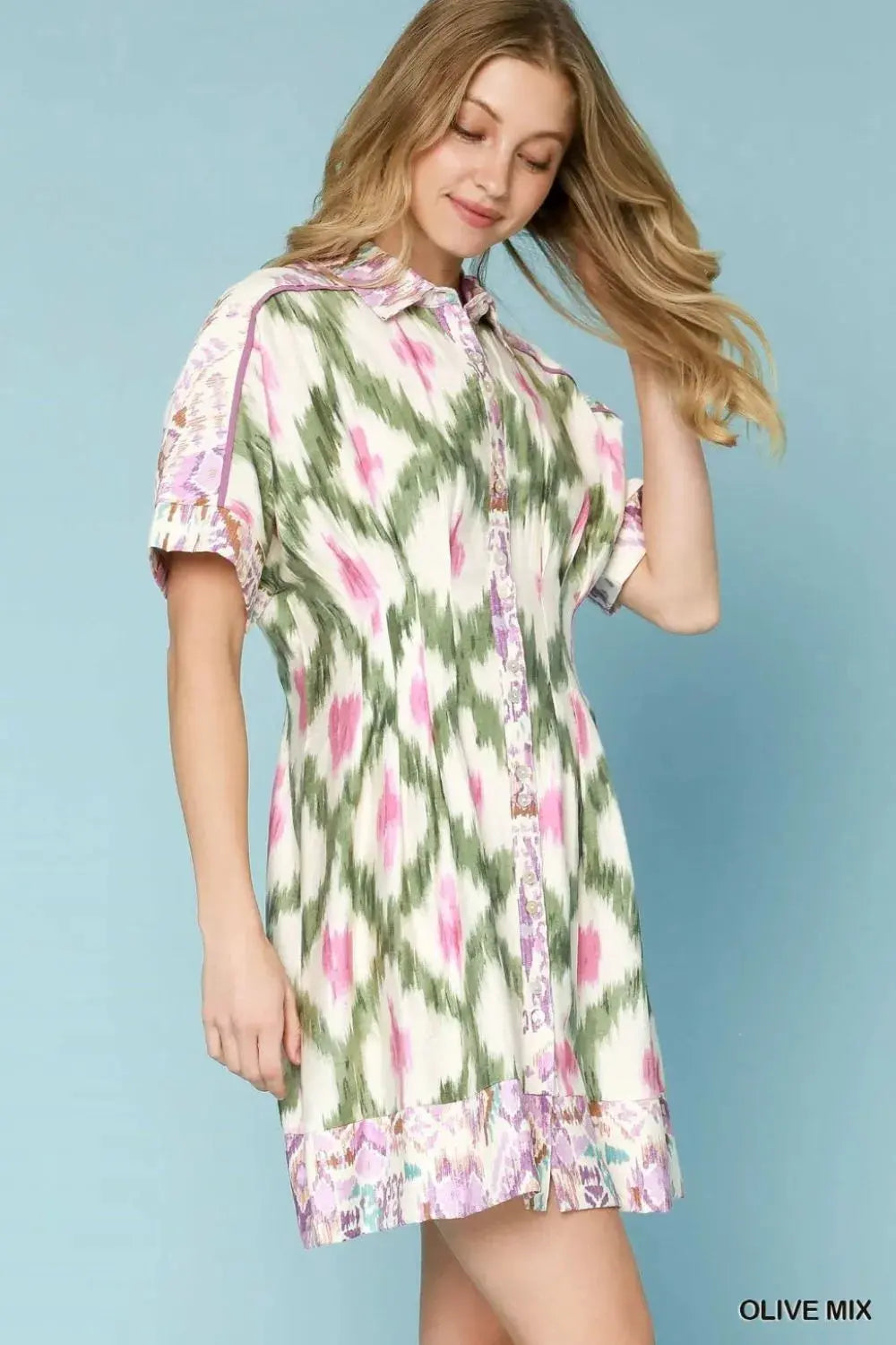 Umgee Ethnic Print Short Sleeve Mini Shirt Dress by Umgee