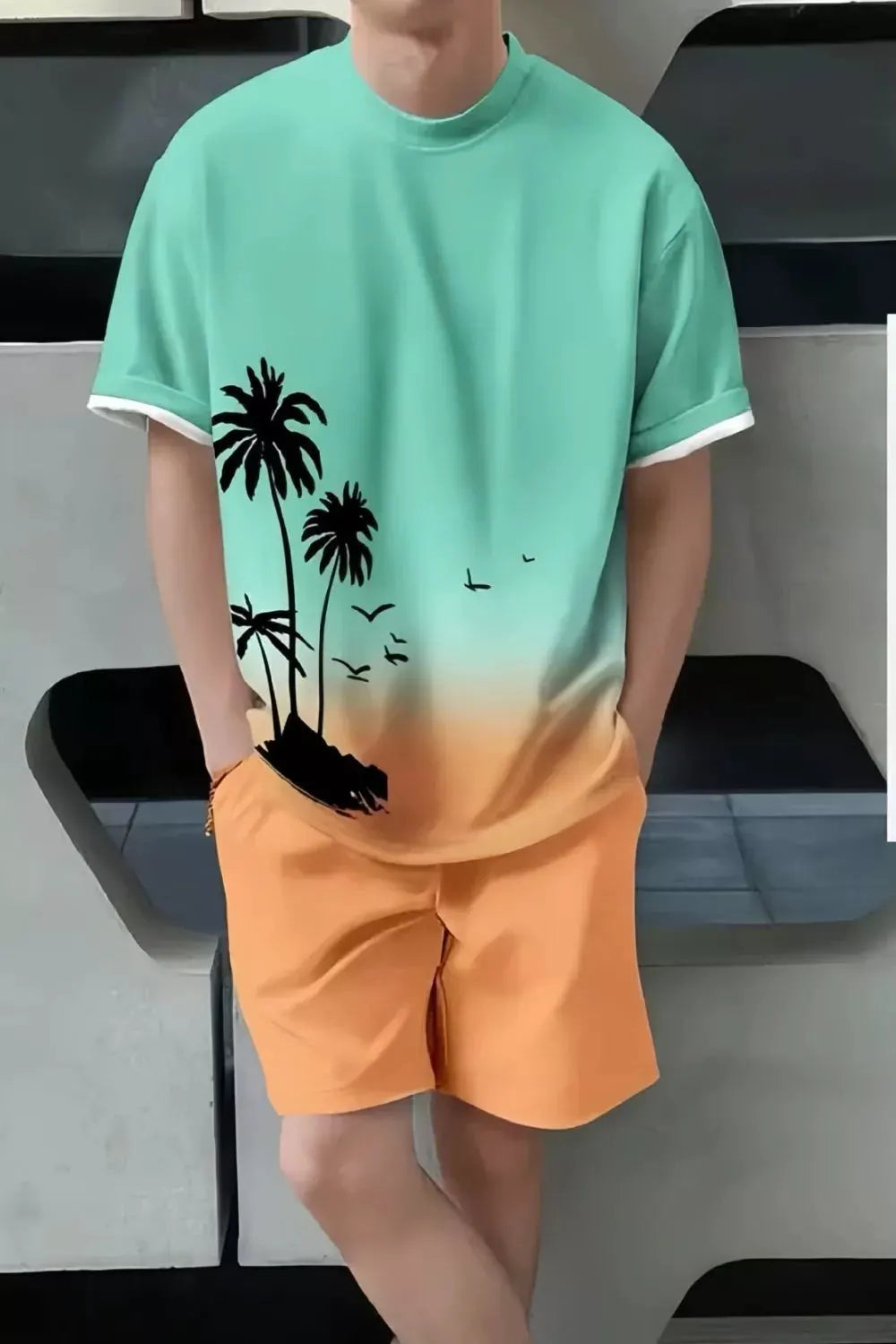 Men's Full Size Tropical Print Casual Tee and Shorts Set Plus Size by Trendsi