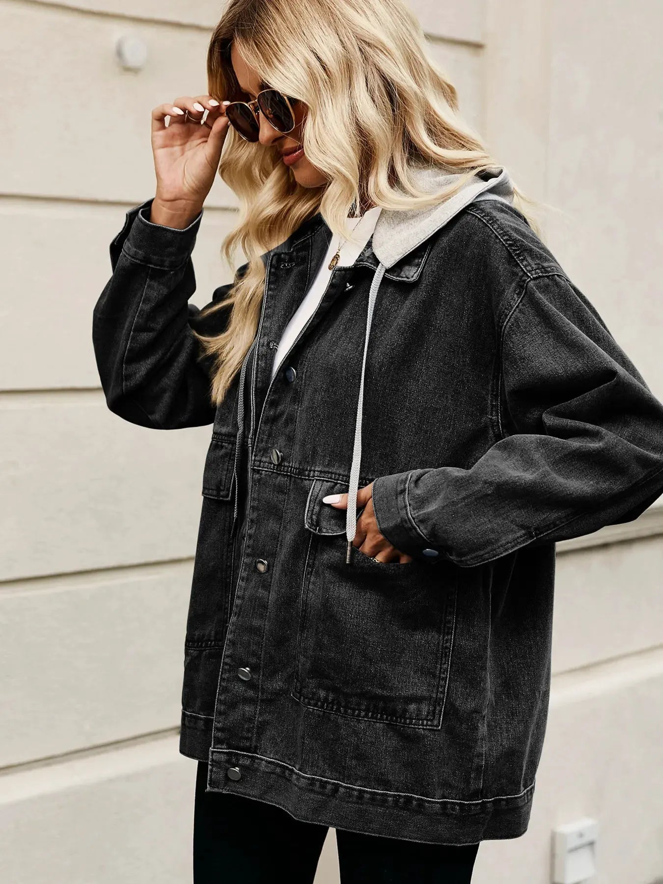 Oversized Button Up Denim Jacket with Hood by Partner Label
