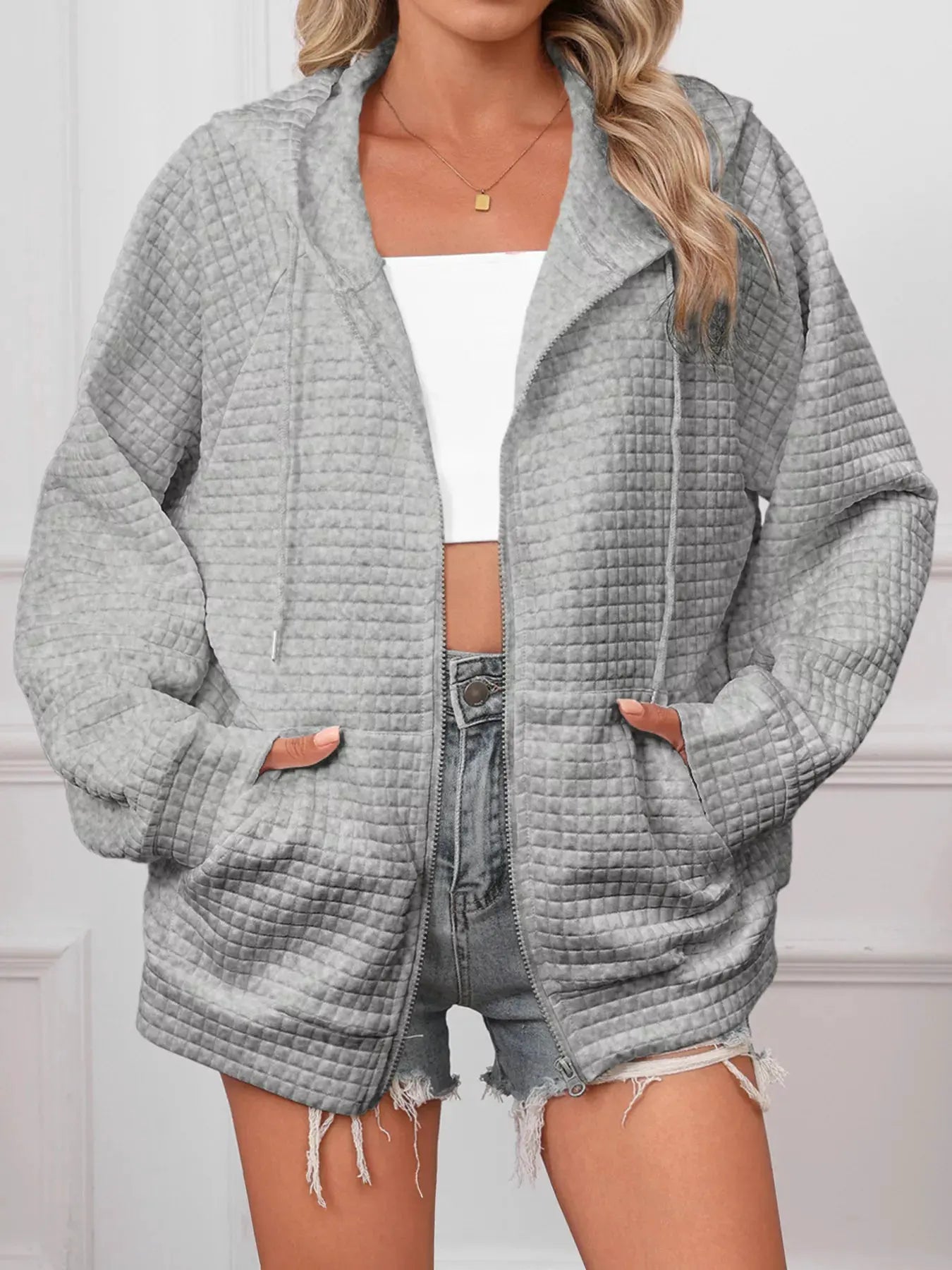 Full Size Textured Quilted Zip-Up Hooded Jacket Plus Size by Partner Label