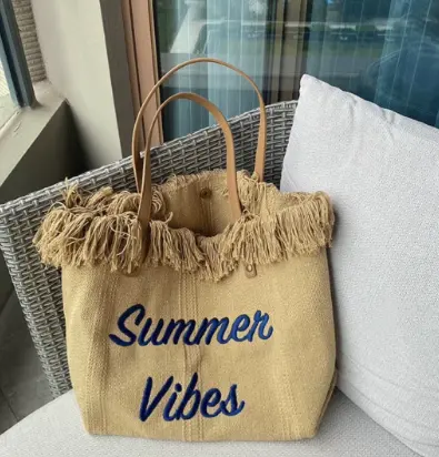 Large capacity canvas tote bag with embroidered letters, handbag for women, woven beach bag, shoulder bag by Dropsure