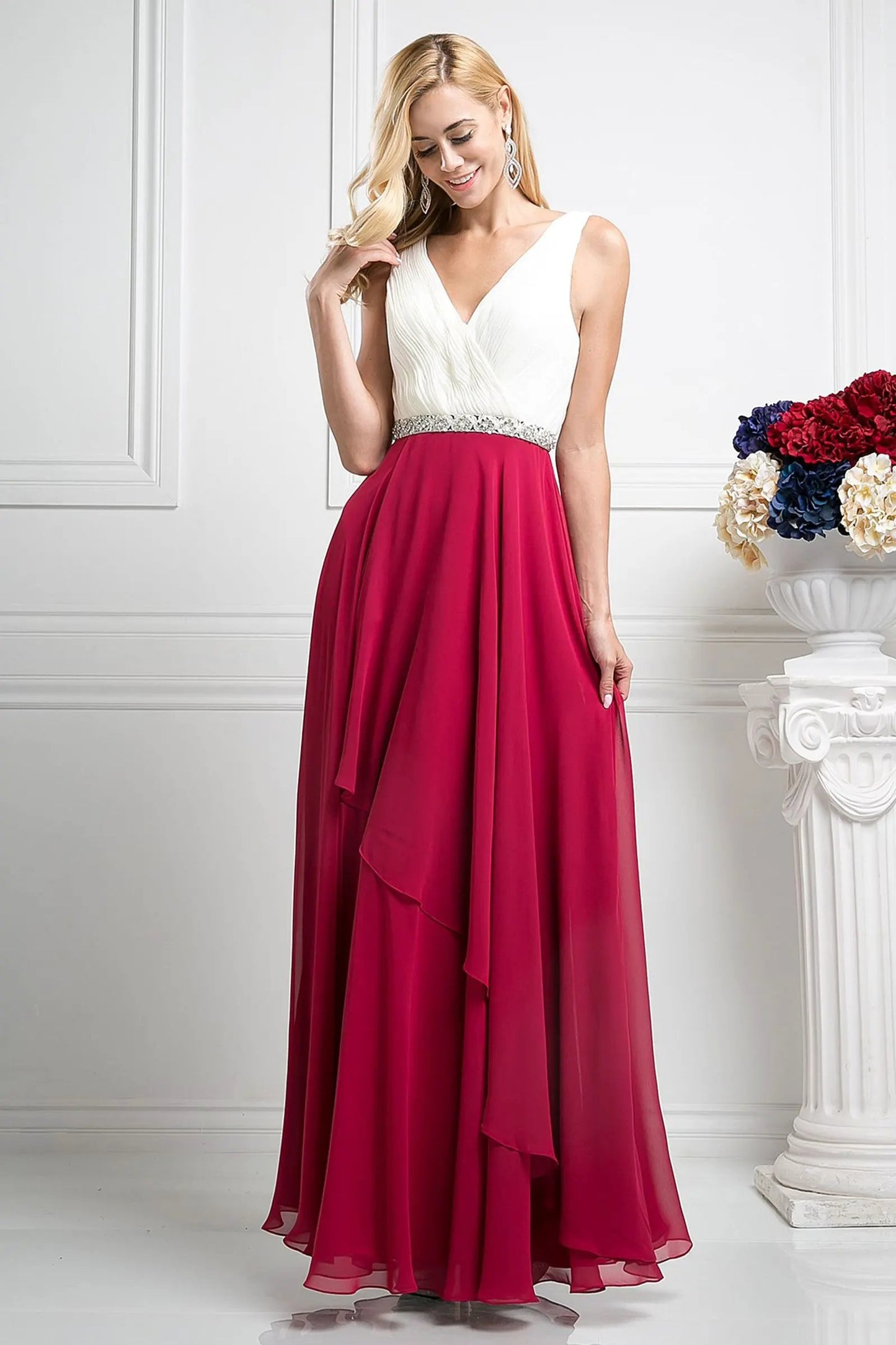 Beaded Belt Chiffon A - Line Dress by Tux-USA