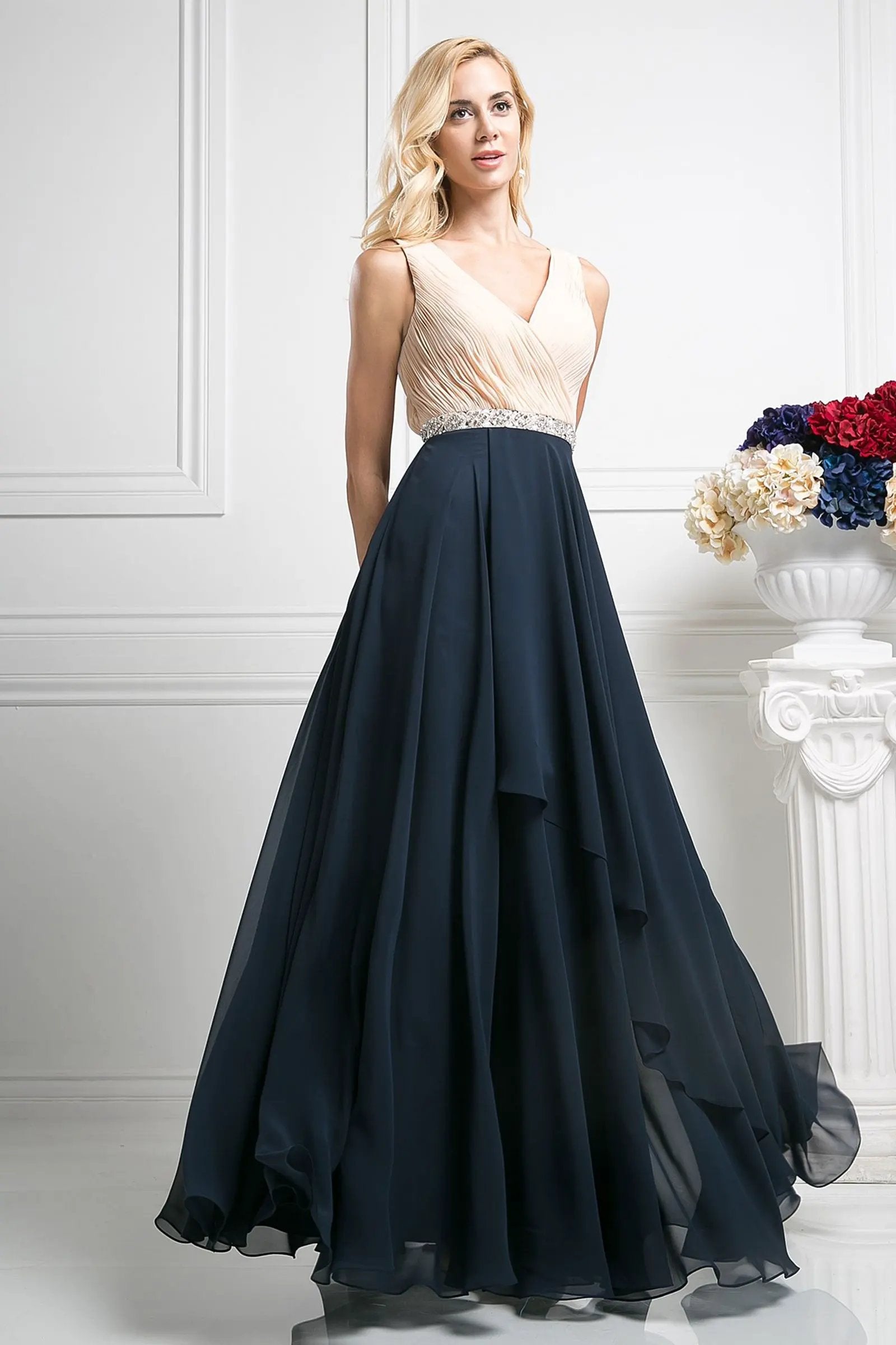 Beaded Belt Chiffon A - Line Dress by Tux-USA