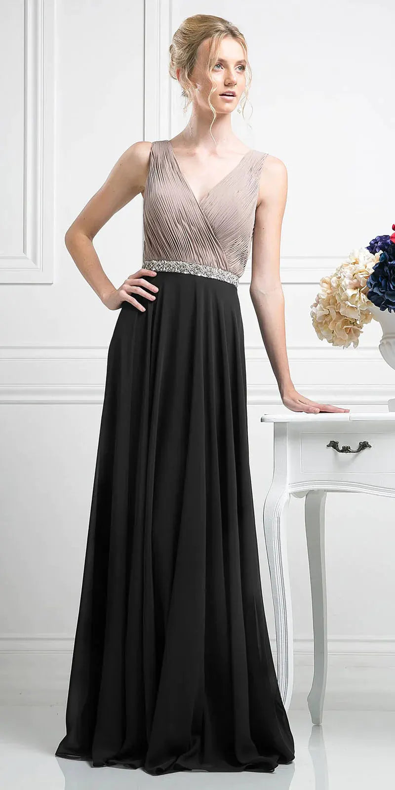 Beaded Belt Chiffon A - Line Dress by Tux-USA