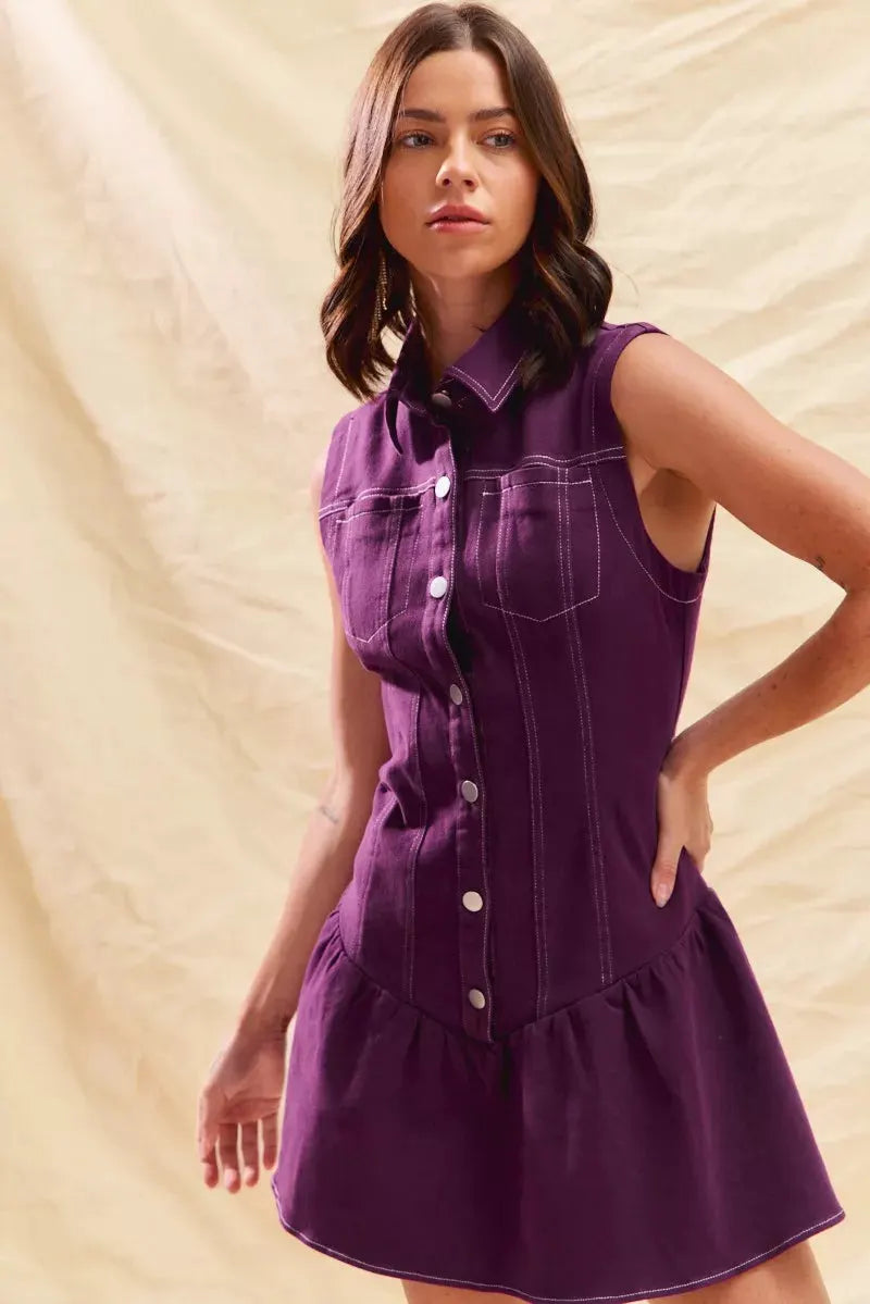 SO ME Button Down Sleeveless Collared Game Day Mini Dress by SO ME