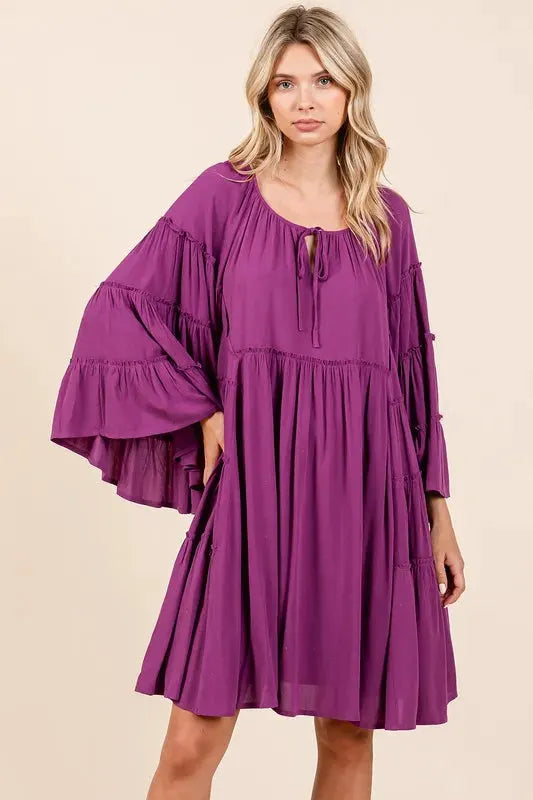 purple bell sleeve dress Mittoshop Frill Tie Neck Bell Sleeve Dress – Equanimity Essence