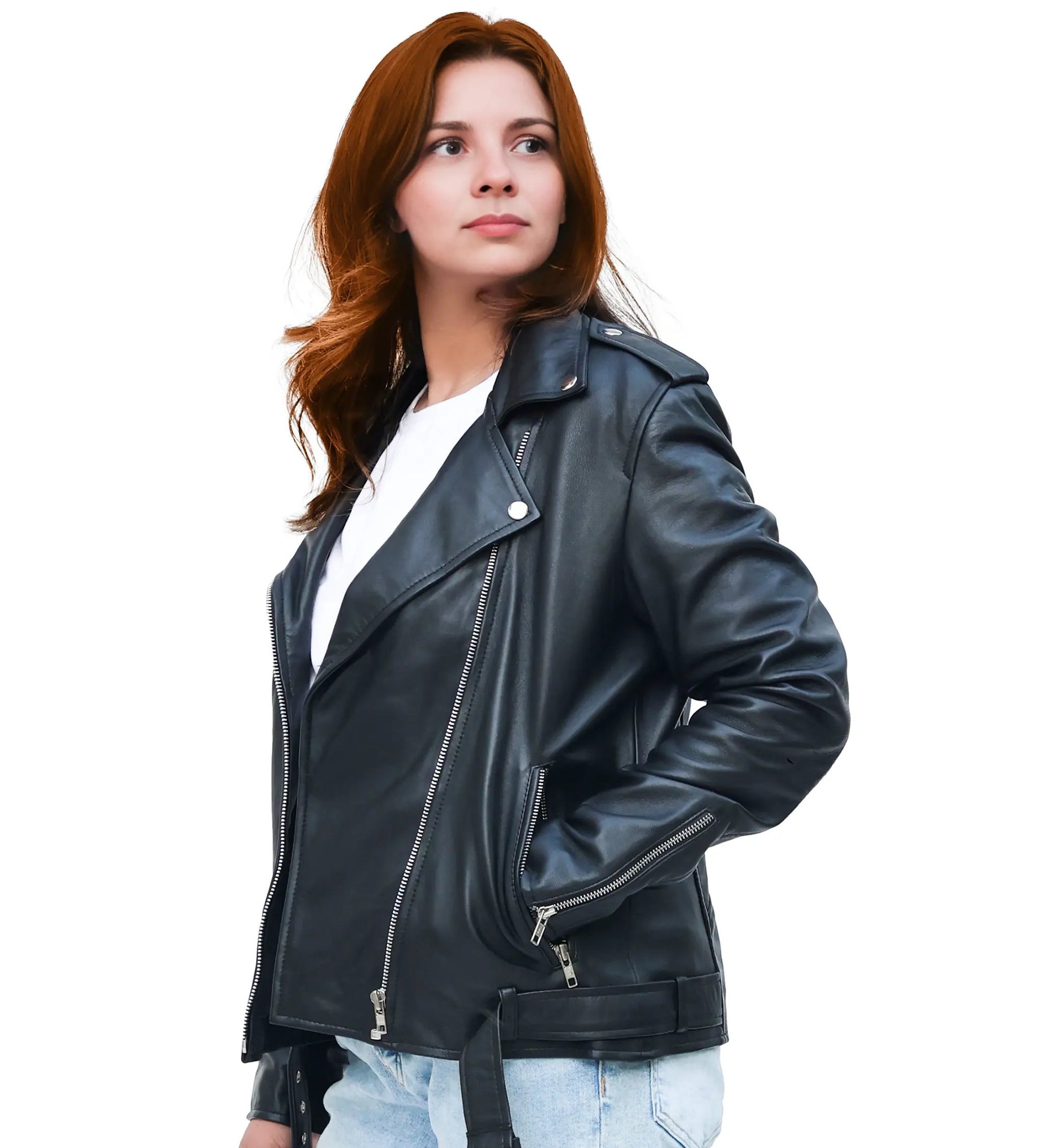 Lina Genuine Leather Biker Jacket For Women Zipper Closure Black by Inland Leather Co