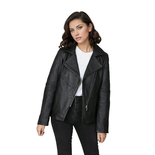 Freya Women's Real Leather Cross Zip Biker Jacket Black by Inland Leather Co.