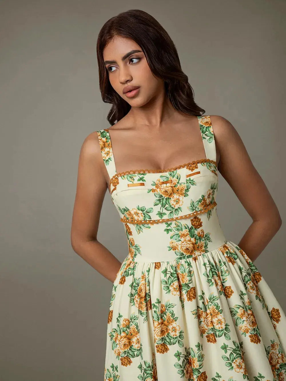 Lace Trim Floral Sleeveless Midi Dress by Partner Label