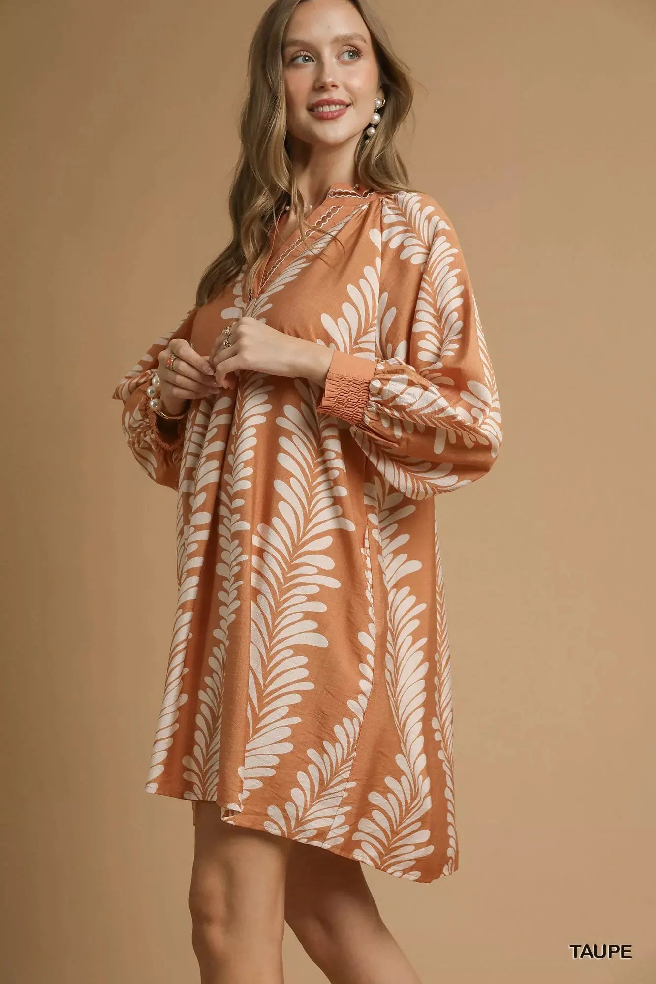 Umgee Leaf Print Notched Mini Babydoll Dress by Umgee