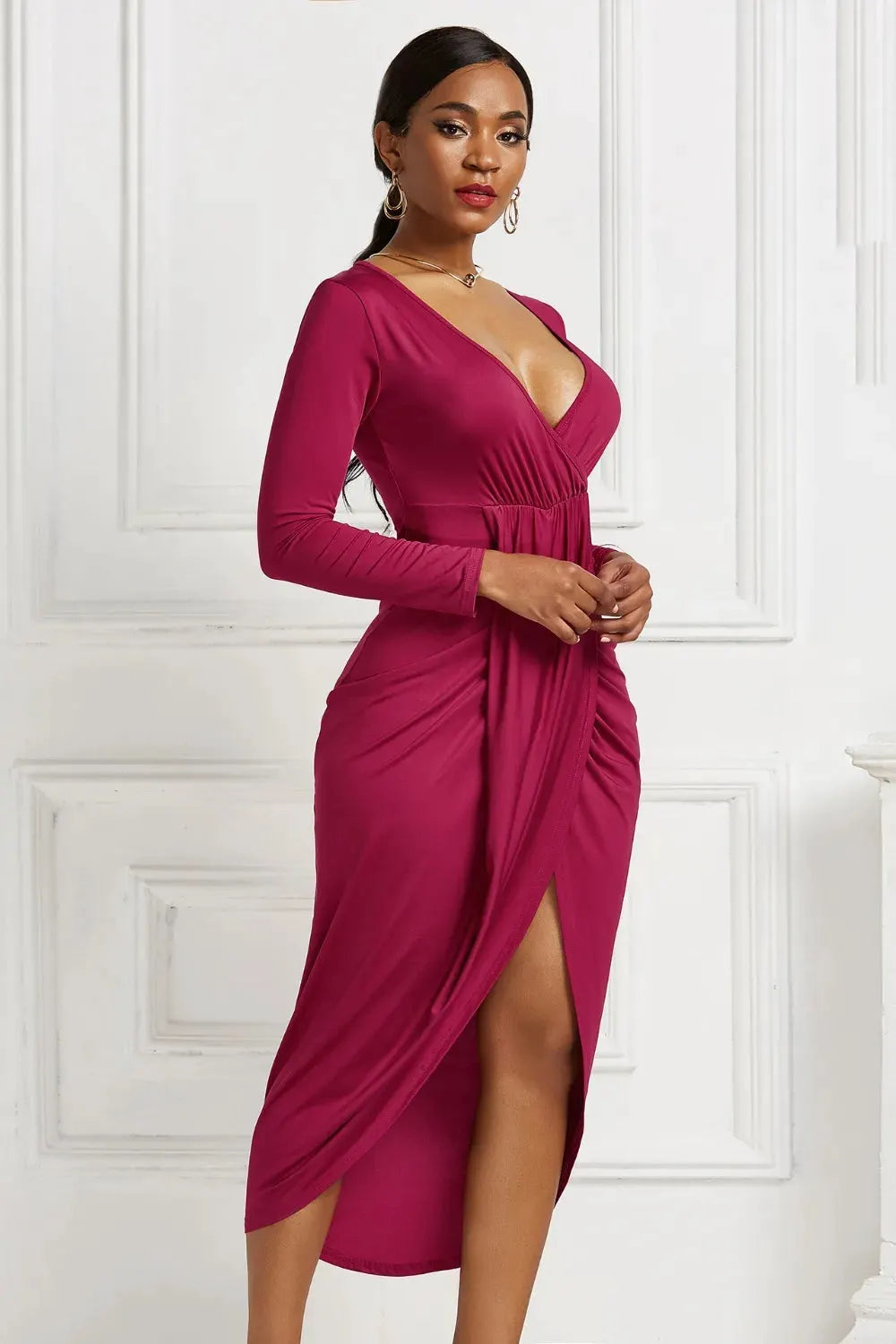 High-low Ruched Surplice Long Sleeve Dress by Partner Label