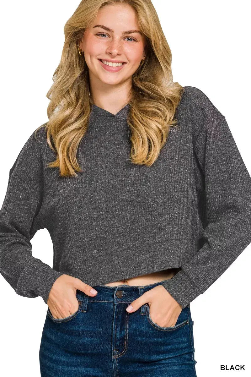 Zenana Drop Shoulder Ribbed Crop Hoodie by Zenana