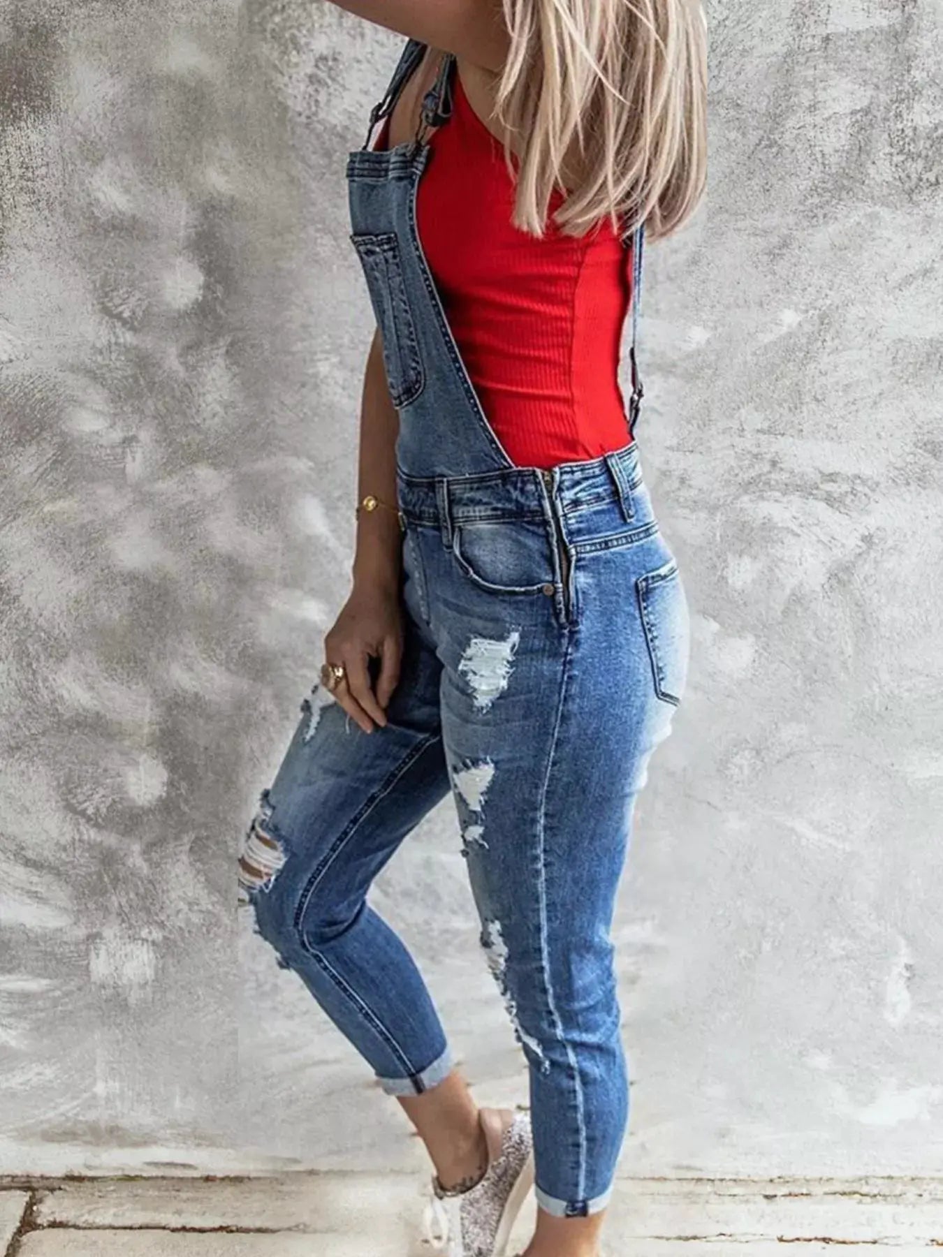 Wide Strap Distressed Denim Overalls by Partner Labels