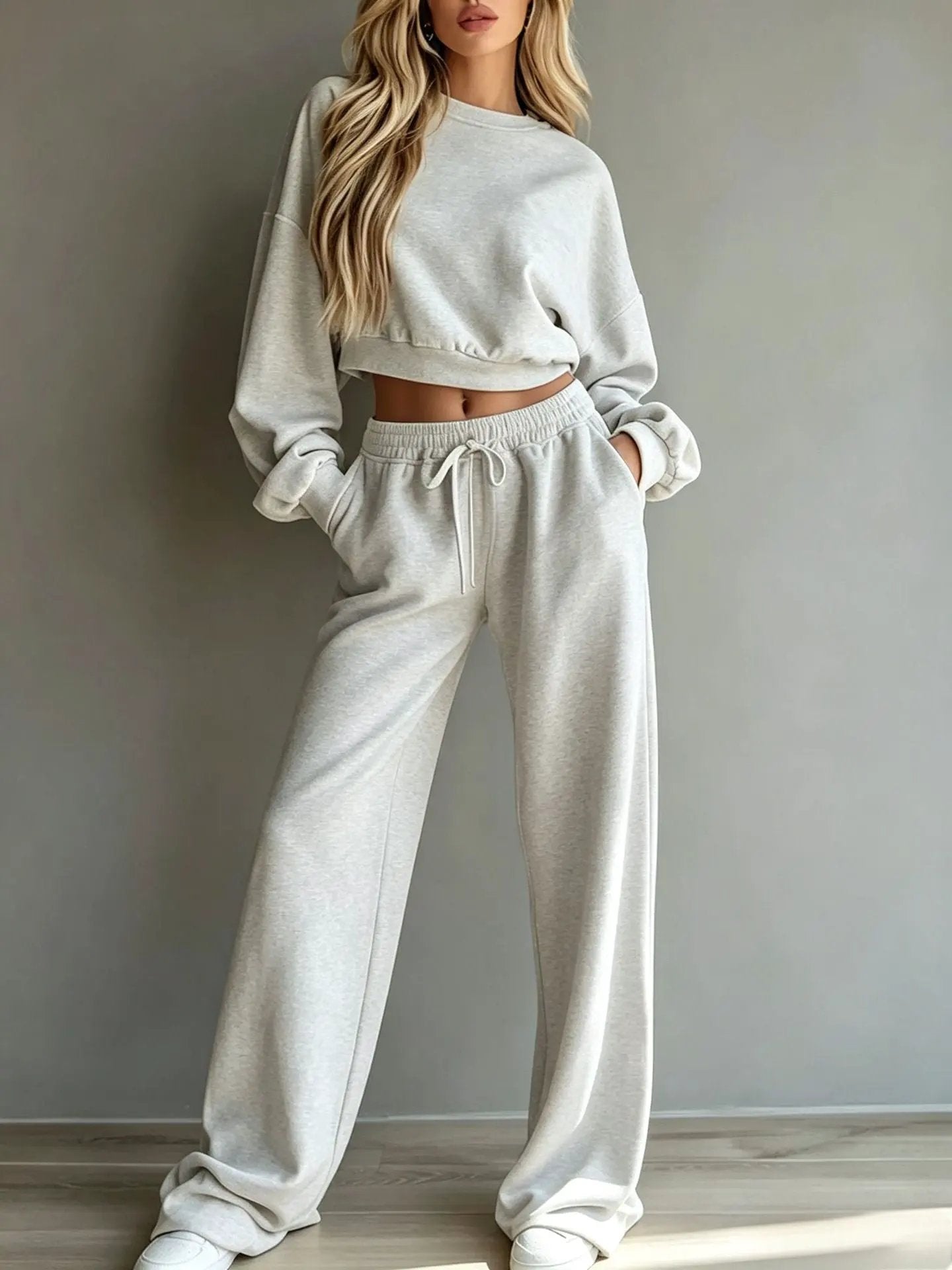 Womens Casual Short Hooded Sweatshirt And Wide-leg Pants Set by Maiden-Art