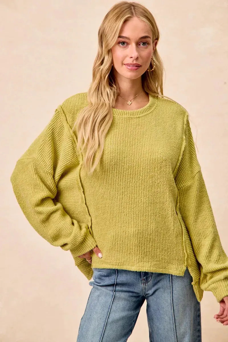 BiBi Boucle Rib Knit Uneven Hem Sweater With Open Seam by BiBi