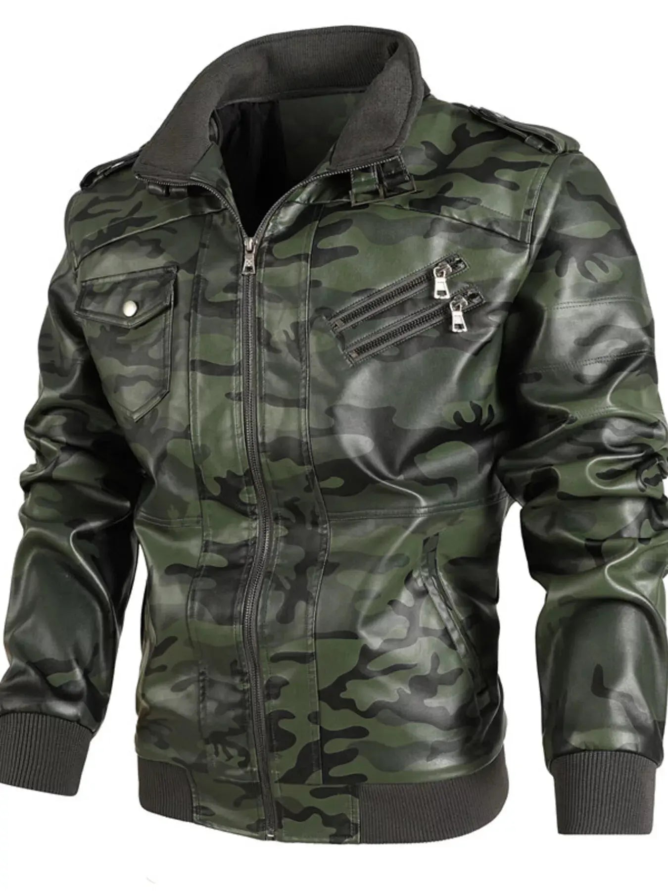Men's Full Size Zip Up Camouflage Faux Leather Jacket Plus Size by Partner Label