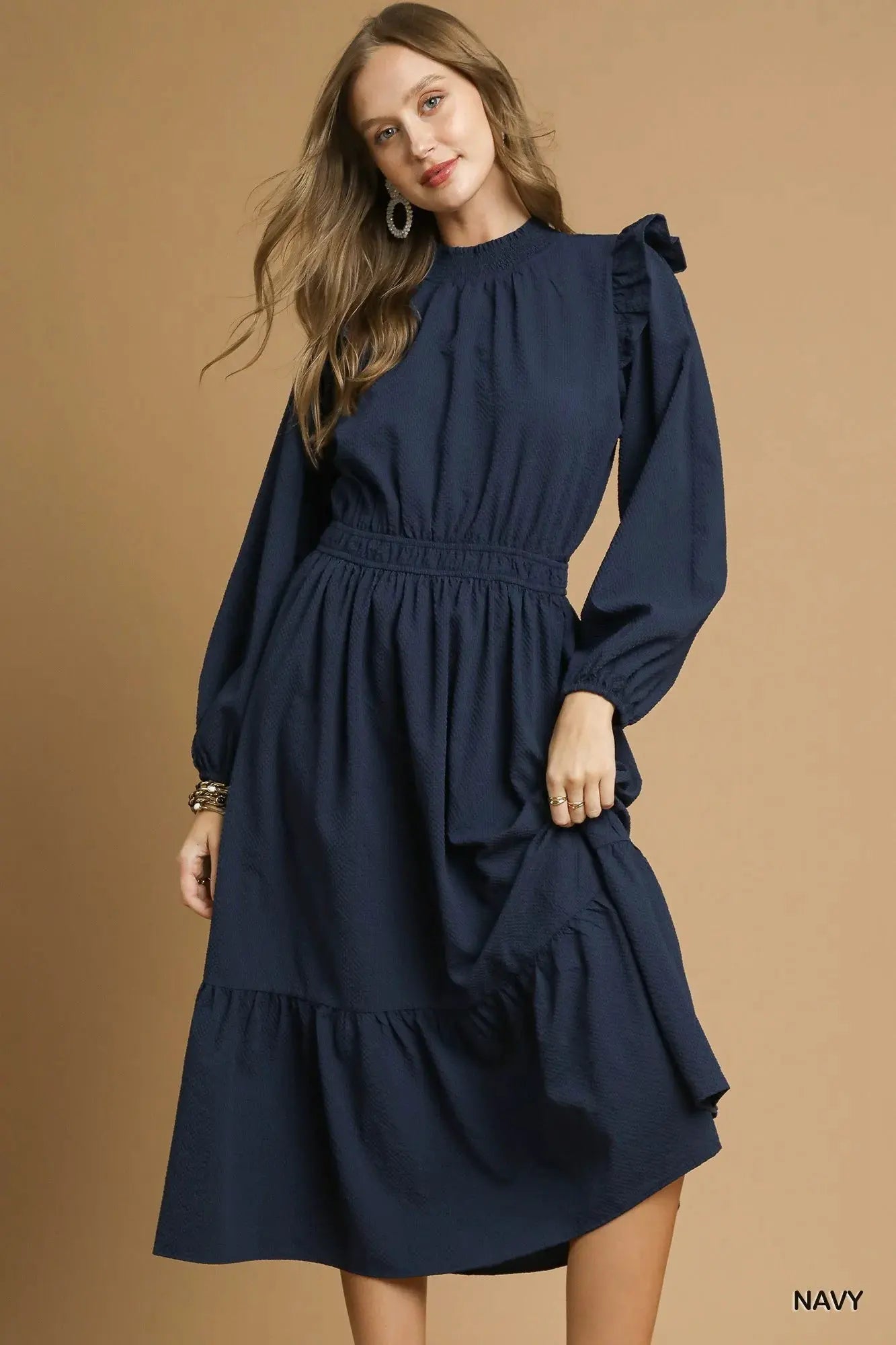 Umgee Textured Midi Dress with Ruffle Shoulder Detail by Umgee