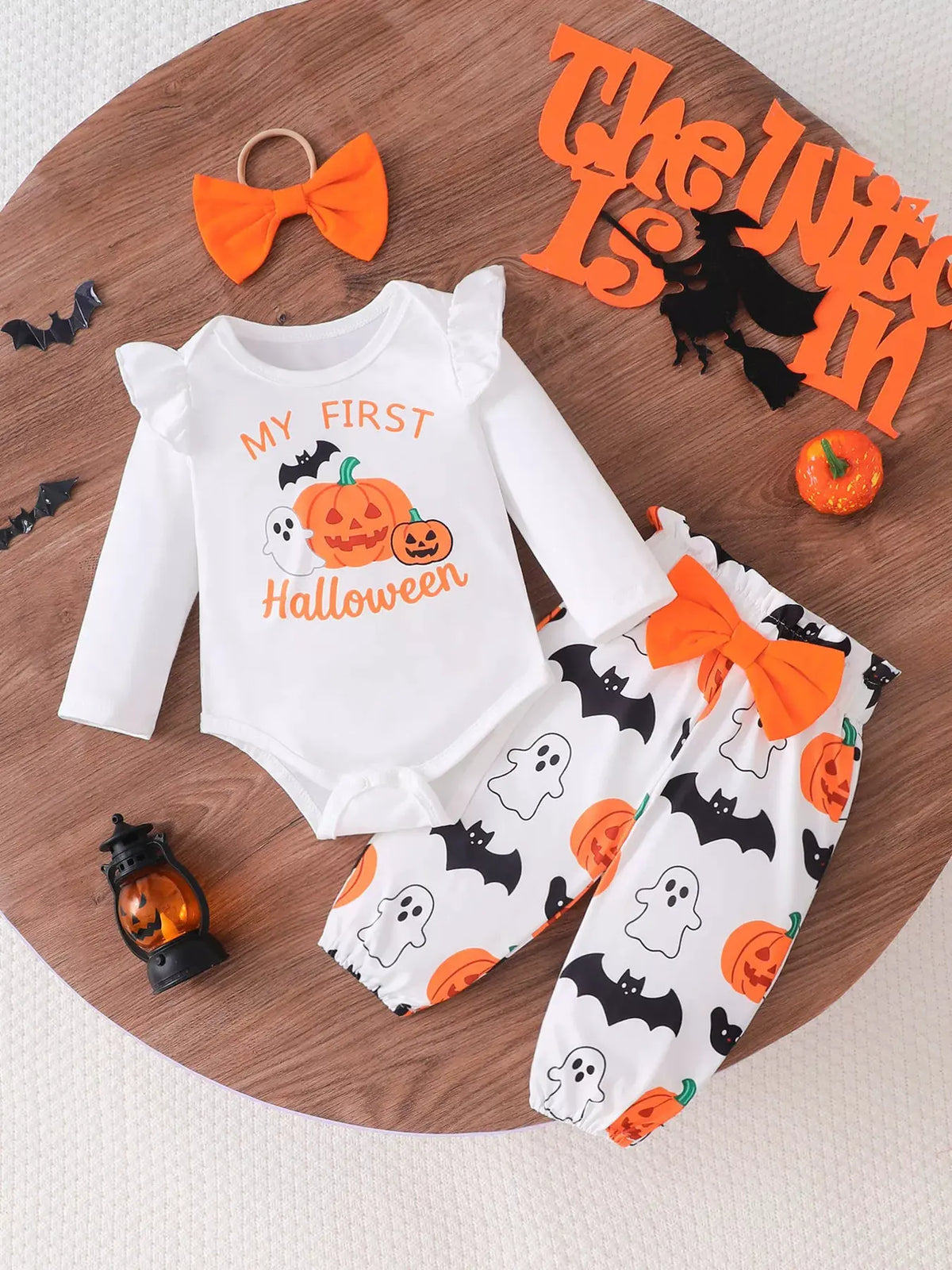 Children's Halloween Skull Print Long Sleeve Bodysuit and Pants Set with Bow Headband by Trendsi