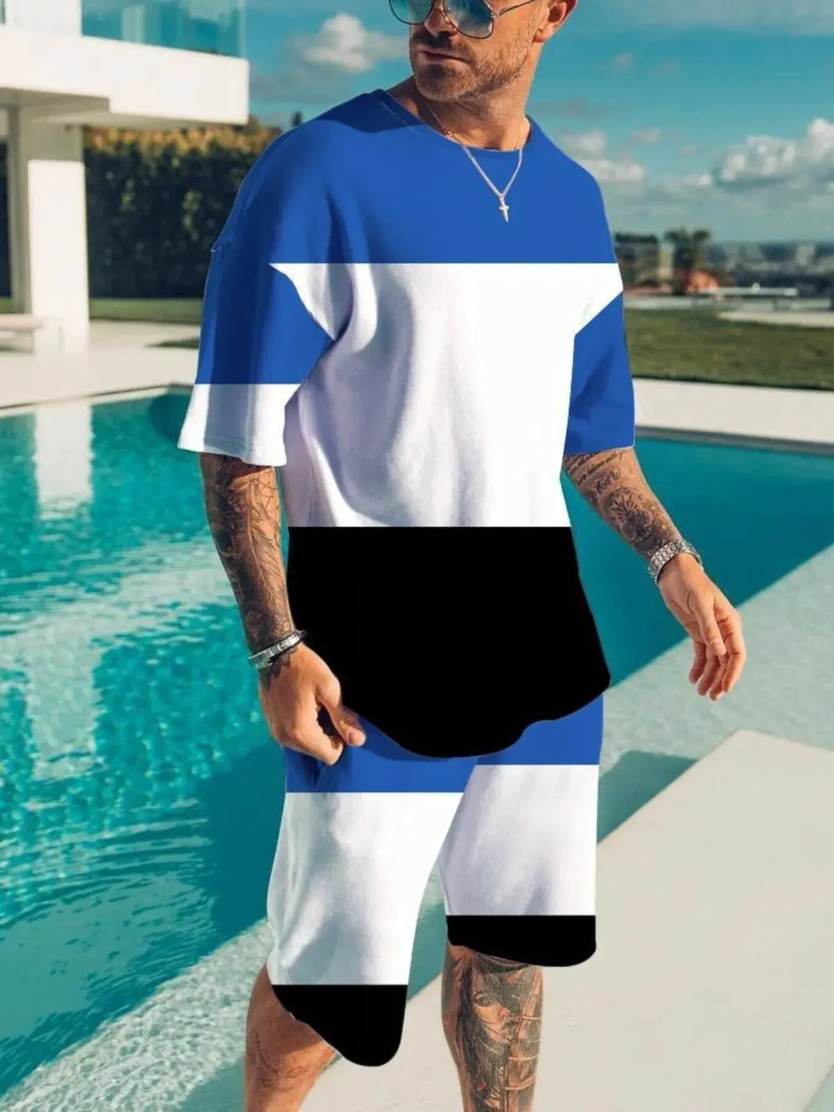 Men's Full Size Color Block Tee and Shorts Set Plus Size by Trendsi