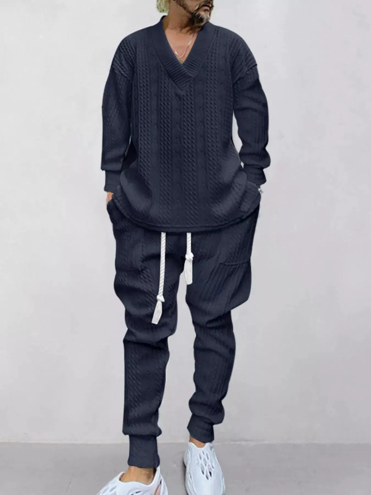 Men's Full Size Texture Knit Dropped Shoulder Top and Pants Set Plus Size by Trendsi
