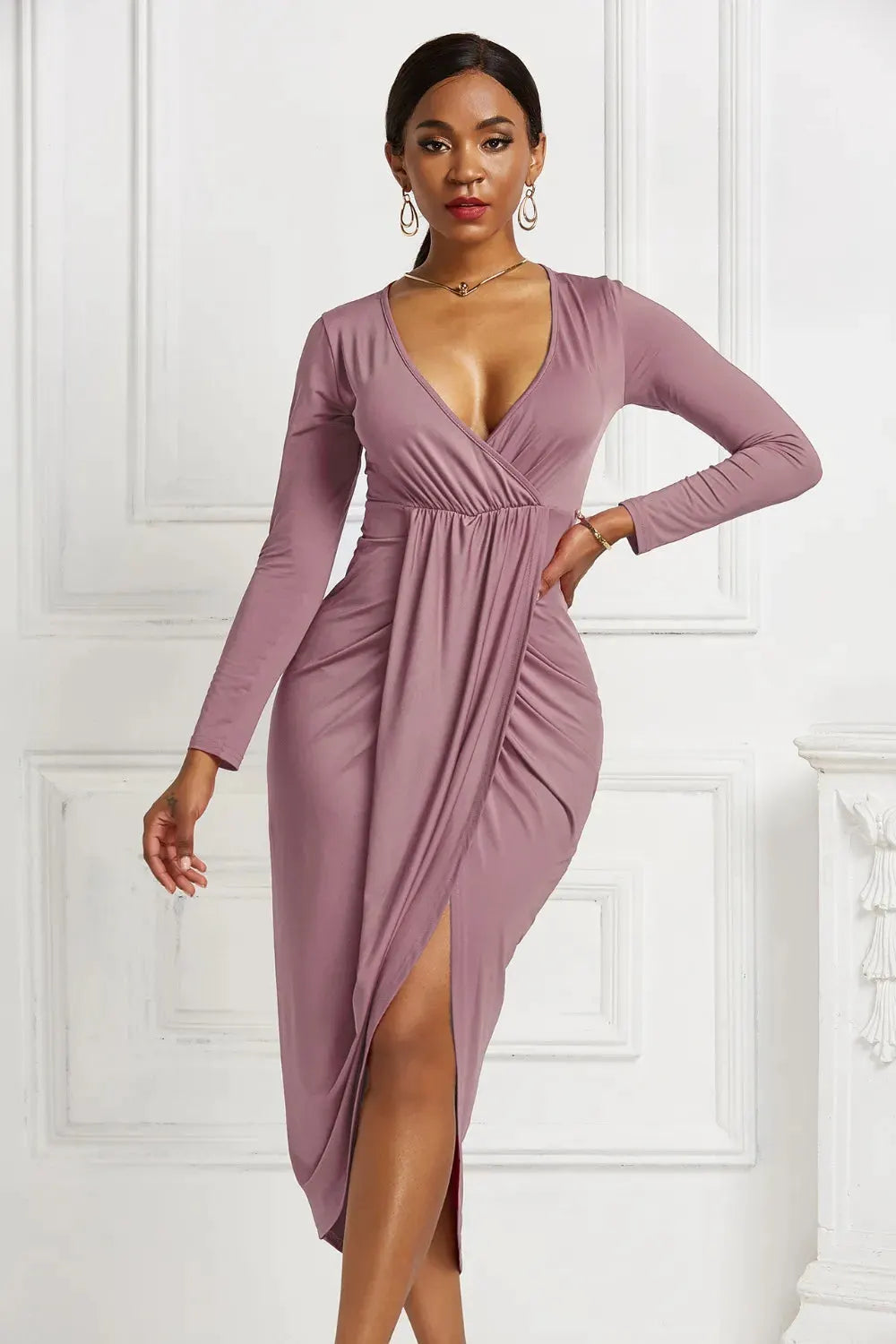 High-low Ruched Surplice Long Sleeve Dress by Partner Label
