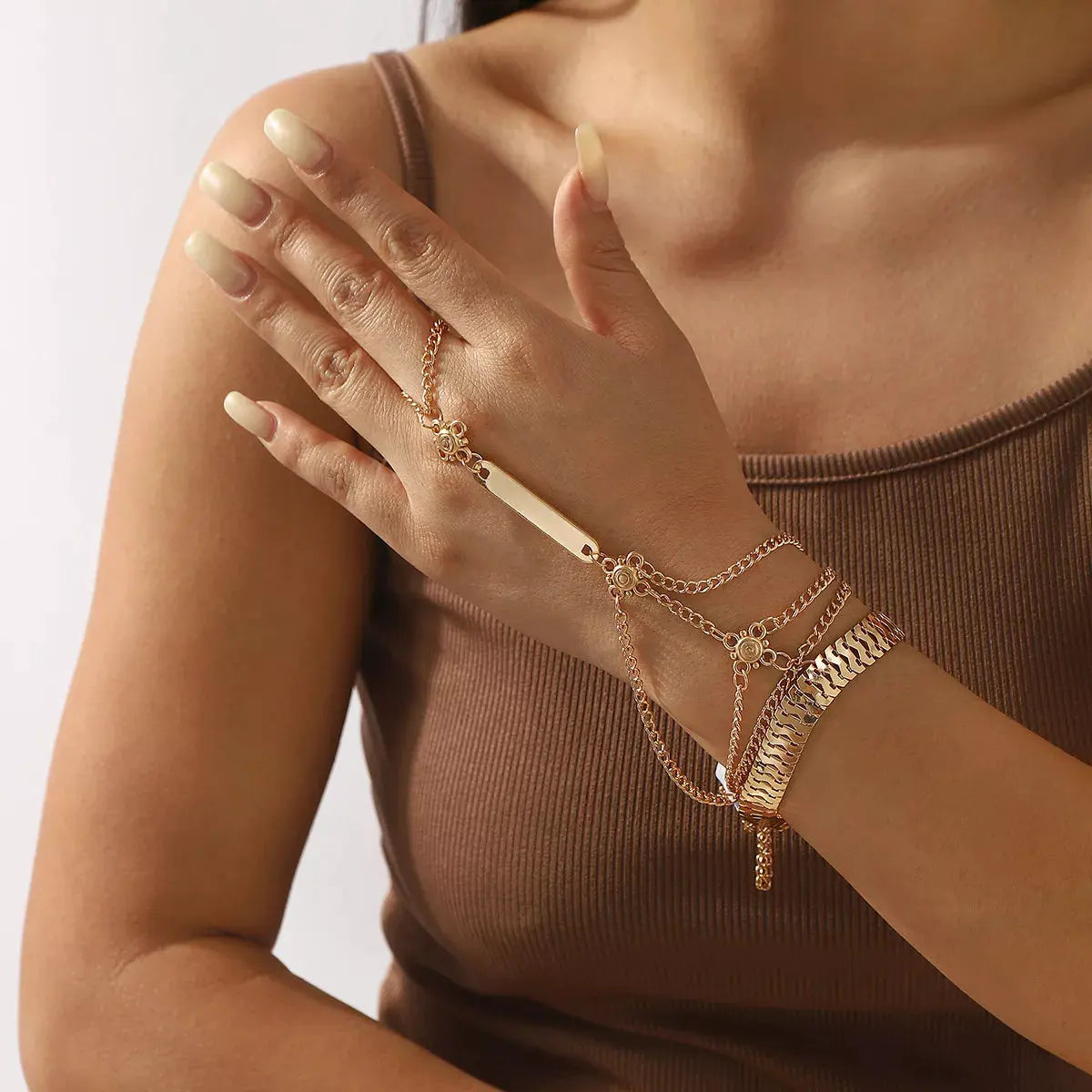 Multi Layered Chain Bracelet with Finger Ring by Partner Label