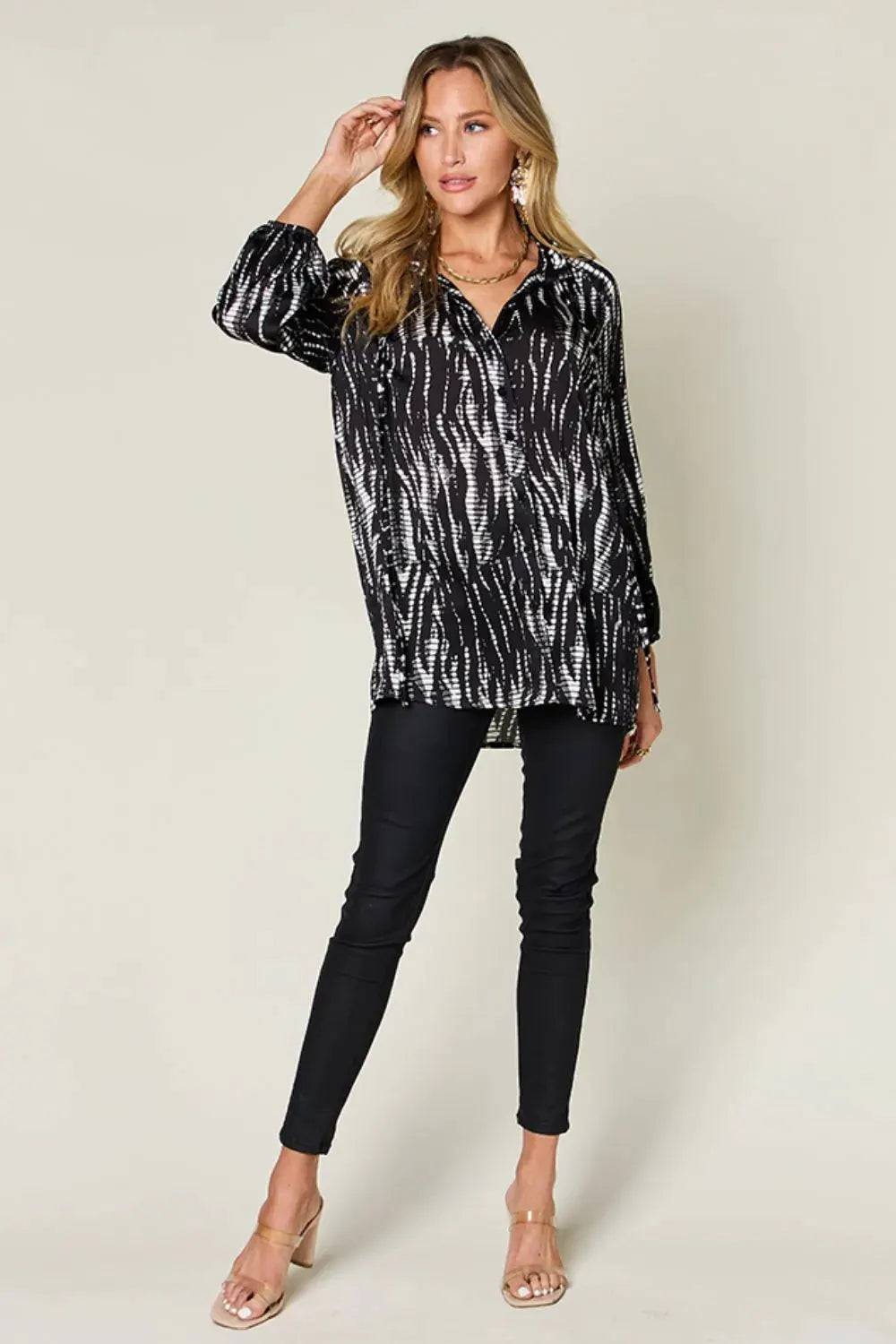 Double Take Full Size Printed Button Up Long Sleeve Shirt by Double Take