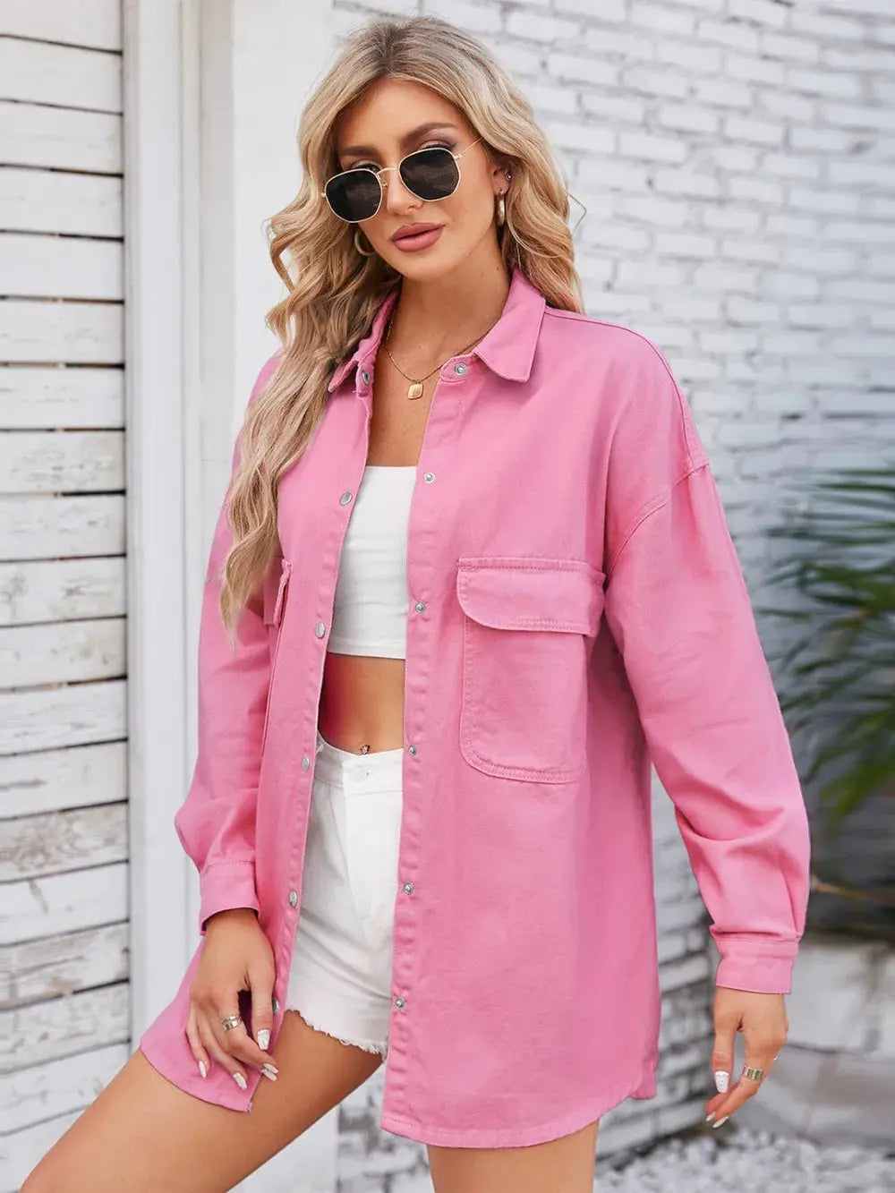 Pocketed Snap Down Dropped Shoulder Denim Shacket by Partner Label