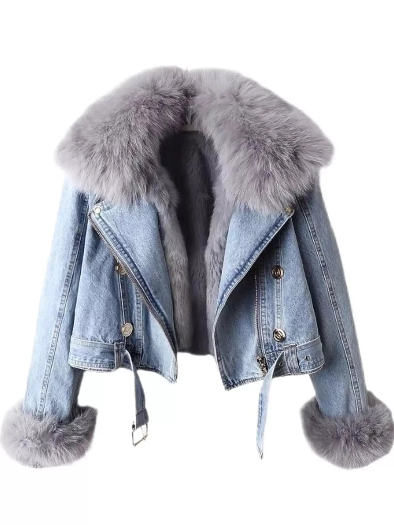 Full Size Faux Fur Collar Denim Jacket Plus Size by Partner Label