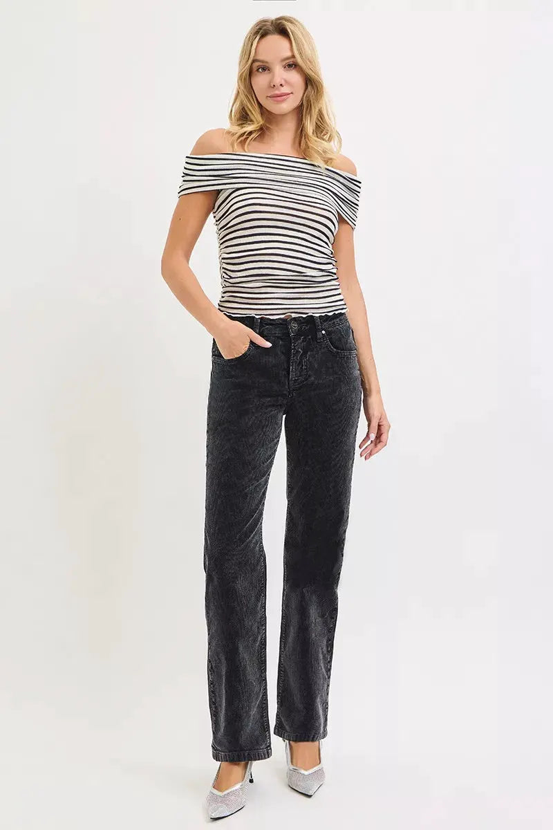 RISEN Tummy Control Mid Rise Straight Leg Corduroy Pants by RISEN