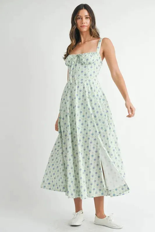MABLE Floral Print Bustier Back Lace Up Midi Dress by MABLE