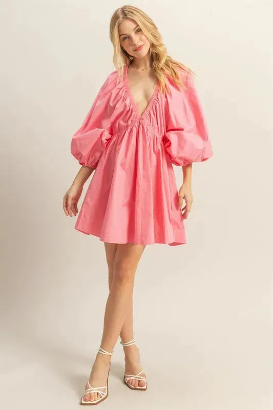 HYFVE Plunge Balloon Sleeve Poplin Mini Dress with Pockets by HYFVE